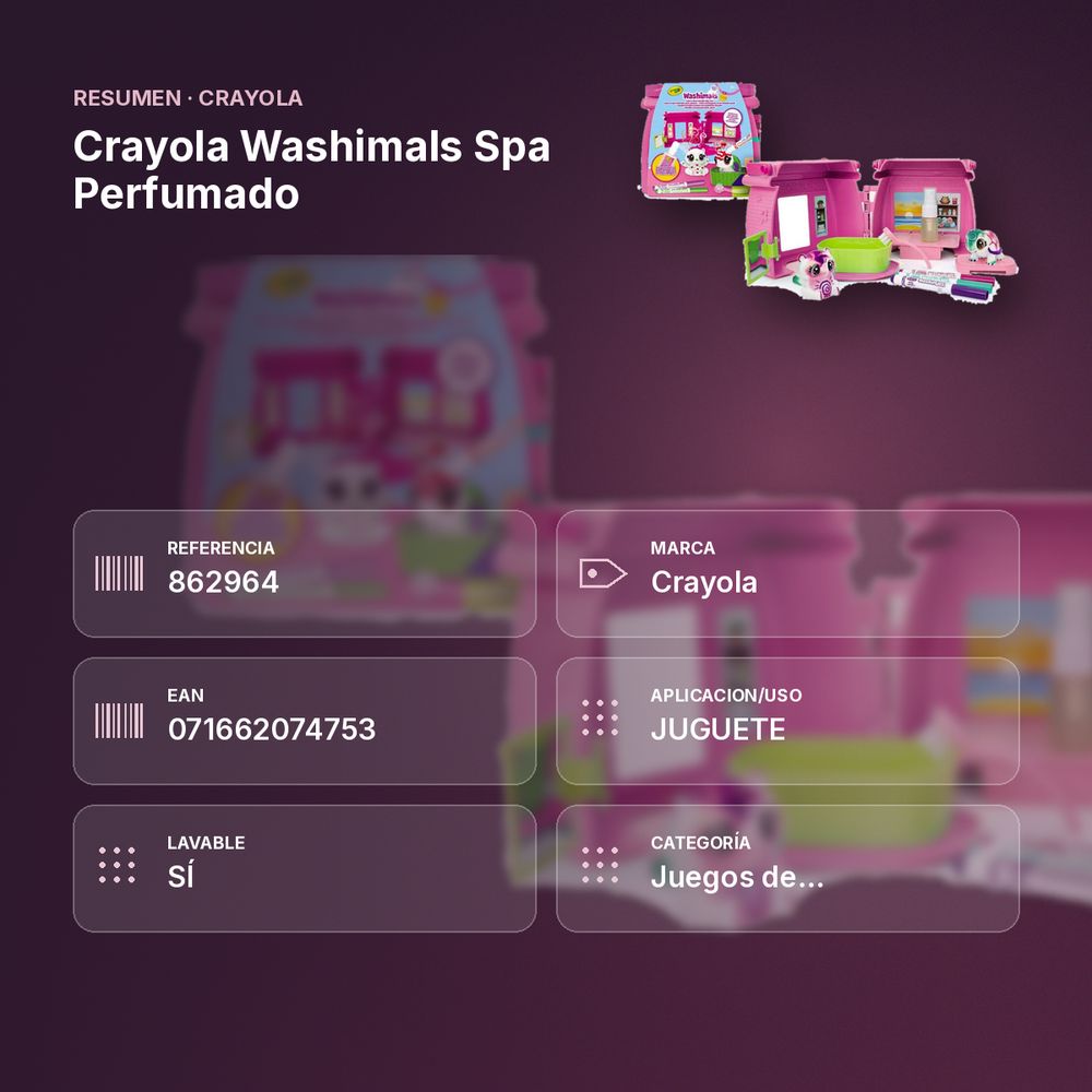 CRAYOLA WASHIMALS SPA PERFUMADO - resumen de atributos