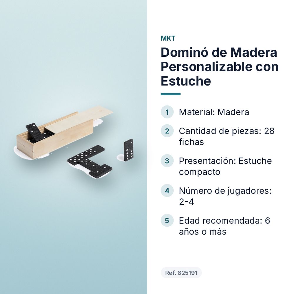 DOMINÓ DE MADERA PERSONALIZABLE CON ESTUCHE - características principales