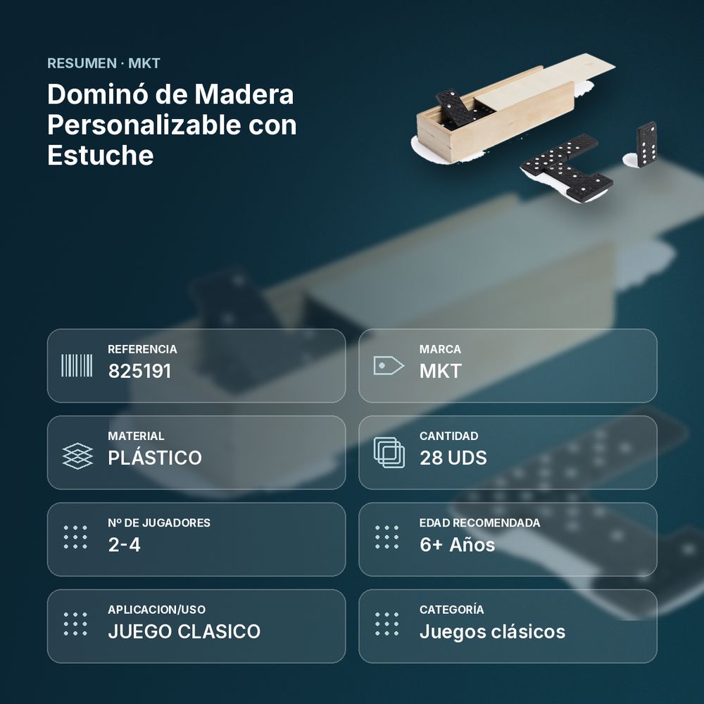 DOMINÓ DE MADERA PERSONALIZABLE CON ESTUCHE - resumen de atributos