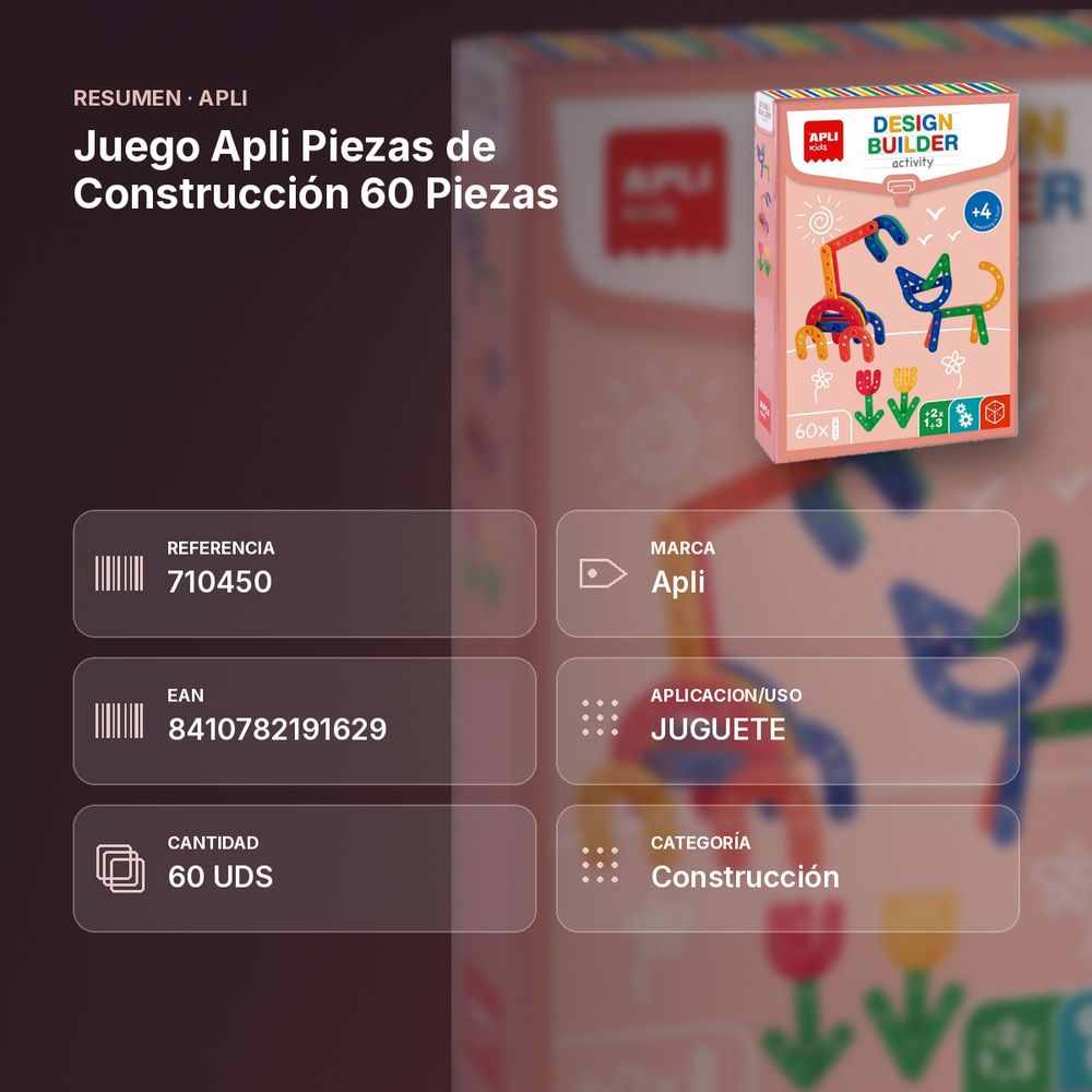 JUEGO APLI PIEZAS DE CONSTRUCCIÓN 60 PIEZAS - resumen de atributos