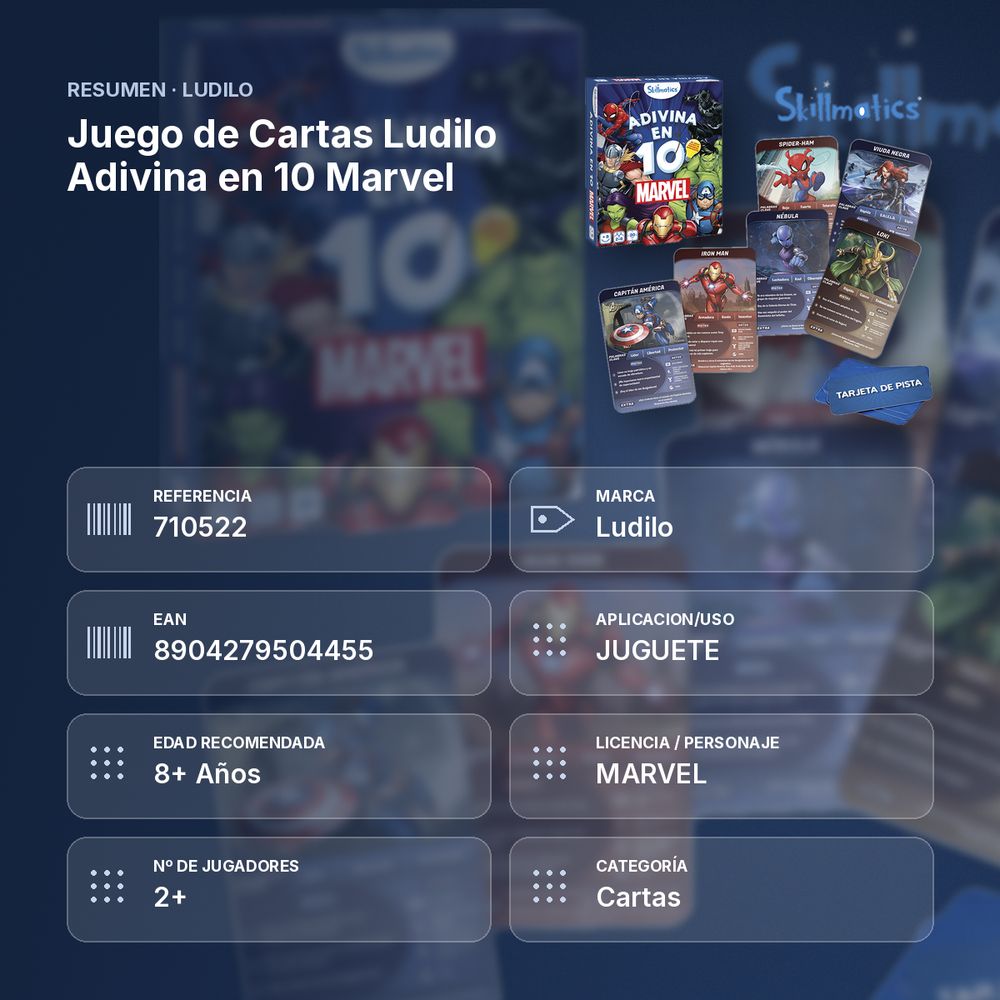 JUEGO DE CARTAS LUDILO ADIVINA EN 10 MARVEL - resumen de atributos