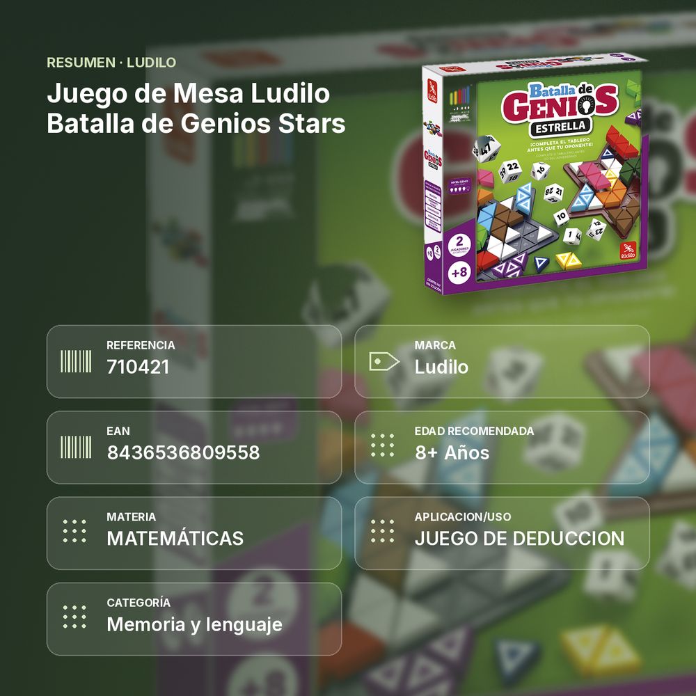 JUEGO DE MESA LUDILO BATALLA DE GENIOS STARS - resumen de atributos
