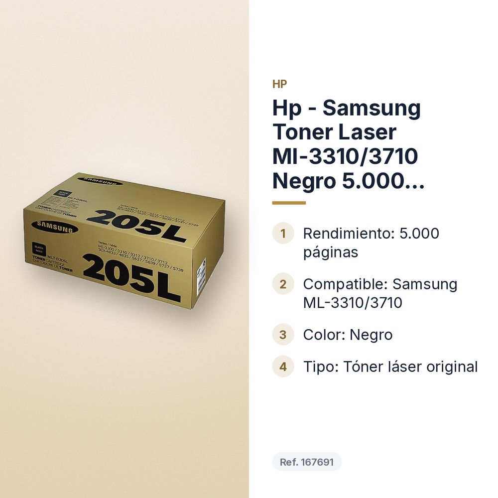HP - SAMSUNG TONER LASER ML-3310/3710 NEGRO 5.000 PAGINAS - características principales