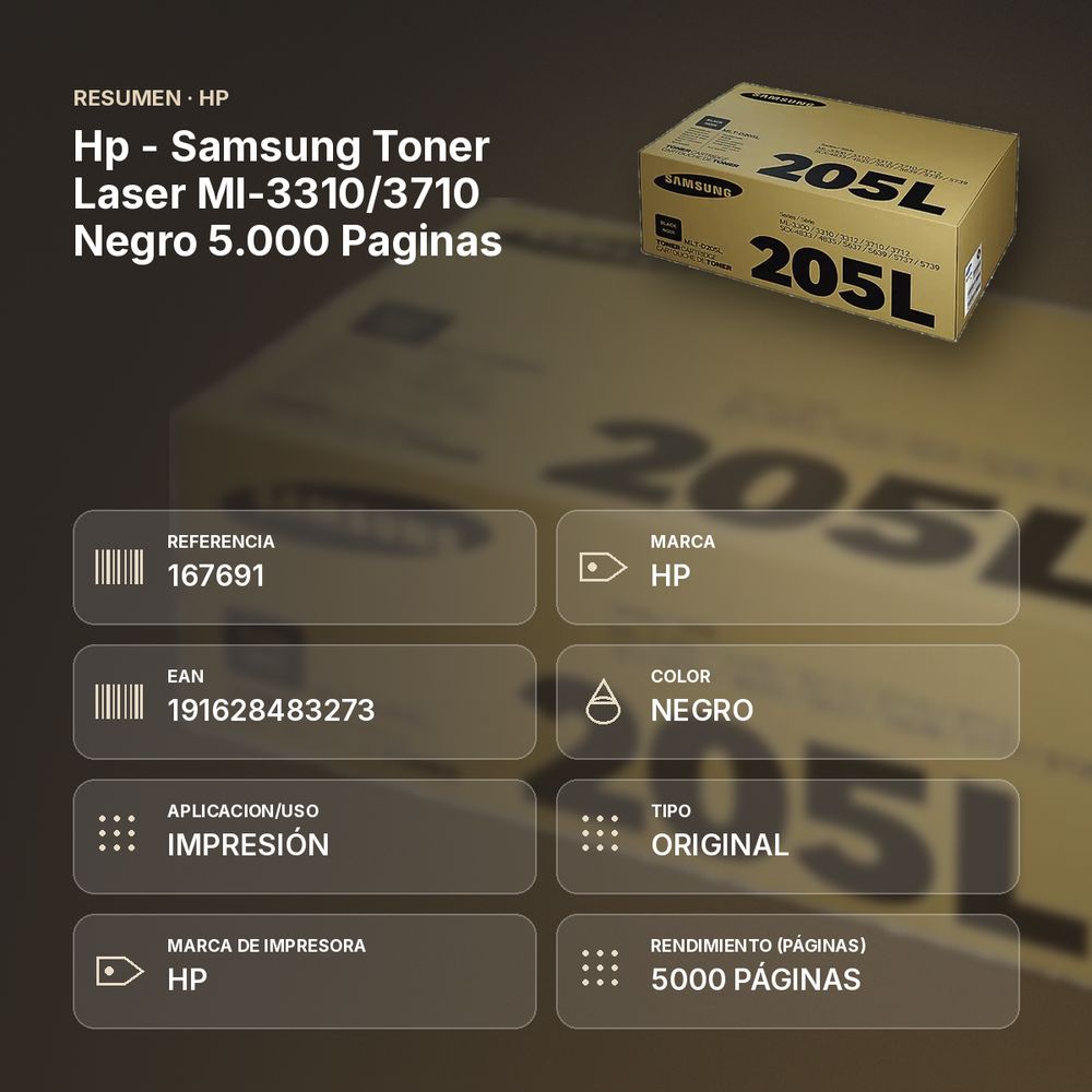 HP - SAMSUNG TONER LASER ML-3310/3710 NEGRO 5.000 PAGINAS - resumen de atributos