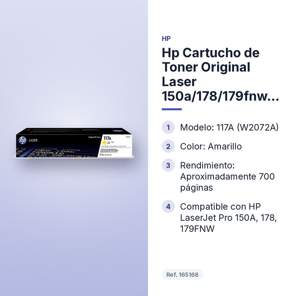 HP CARTUCHO DE TONER ORIGINAL LASER 150A/178/179FNW  117A AMARILLO (W2072A) - características principales