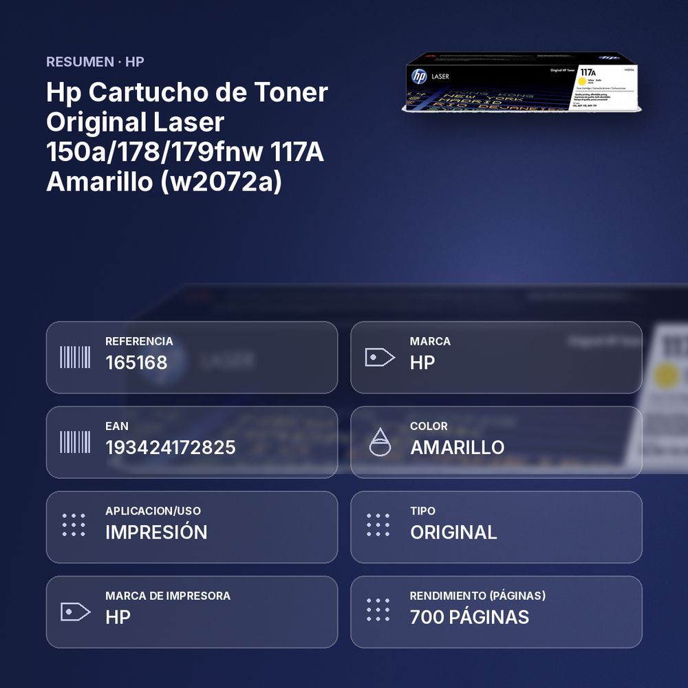 HP CARTUCHO DE TONER ORIGINAL LASER 150A/178/179FNW  117A AMARILLO (W2072A) - resumen de atributos