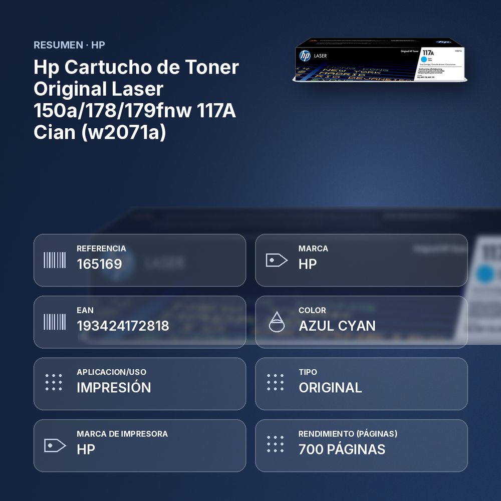 HP CARTUCHO DE TONER ORIGINAL LASER 150A/178/179FNW  117A CIAN (W2071A) - resumen de atributos