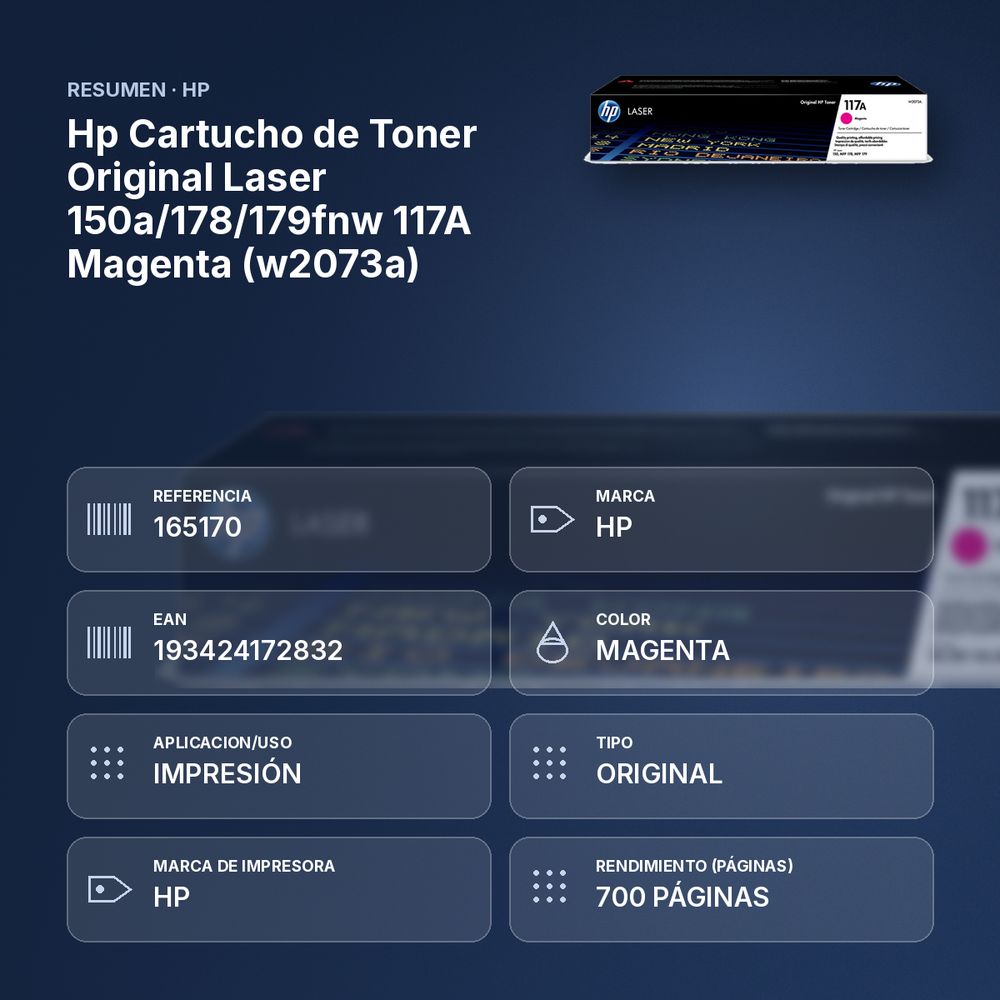 HP CARTUCHO DE TONER ORIGINAL LASER 150A/178/179FNW  117A MAGENTA (W2073A) - resumen de atributos