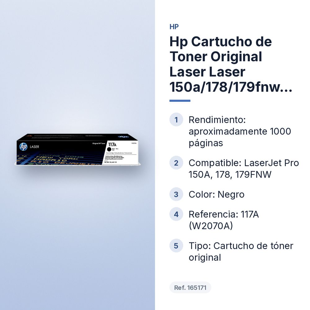 HP CARTUCHO DE TONER ORIGINAL LASER LASER 150A/178/179FNW 117A NEGRO (W2070A) - características principales