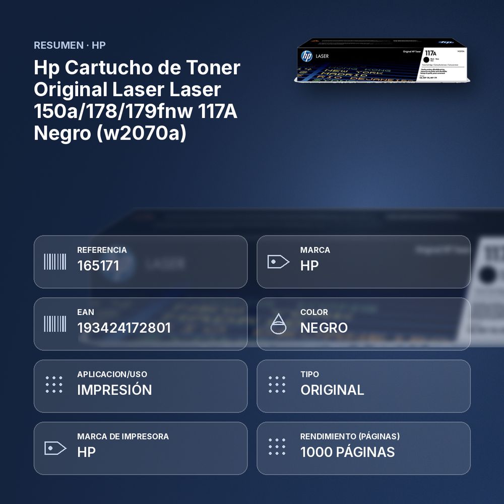 HP CARTUCHO DE TONER ORIGINAL LASER LASER 150A/178/179FNW 117A NEGRO (W2070A) - resumen de atributos