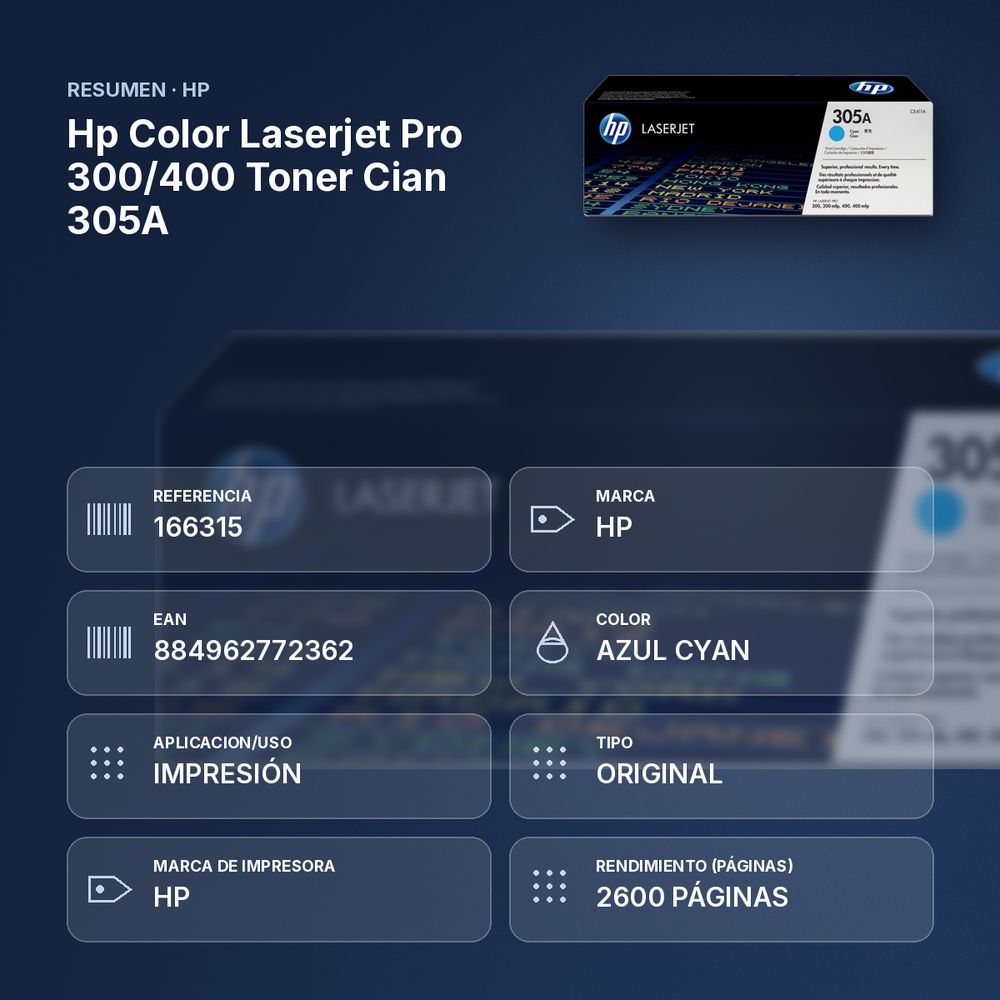 HP COLOR LASERJET PRO 300/400 TONER CIAN 305A - resumen de atributos