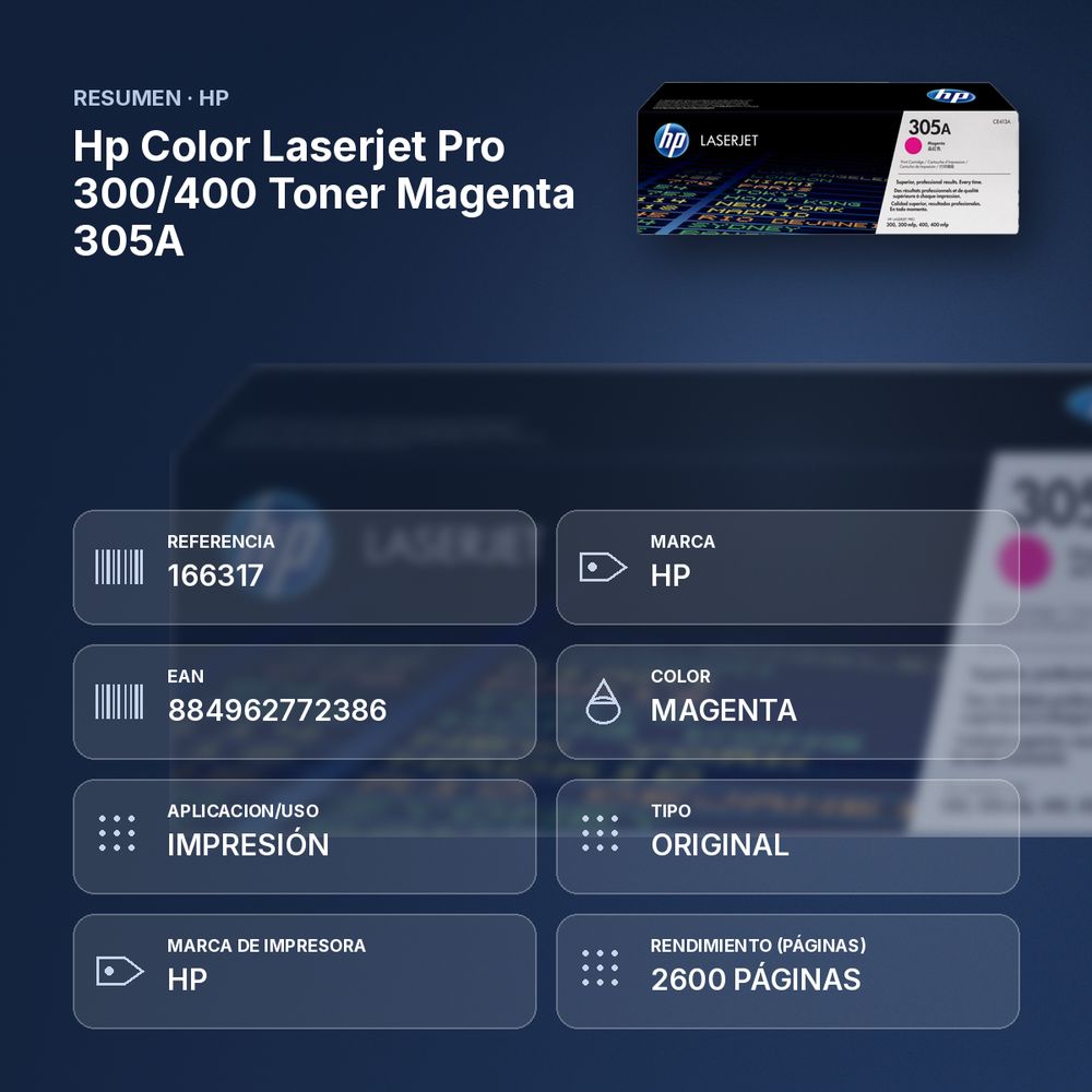 HP COLOR LASERJET PRO 300/400 TONER MAGENTA 305A - resumen de atributos