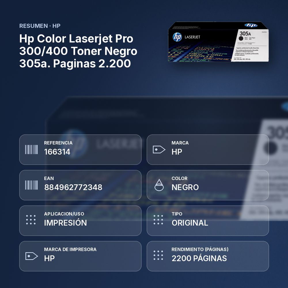 HP COLOR LASERJET PRO 300/400 TONER NEGRO 305A. PAGINAS 2.200 - resumen de atributos