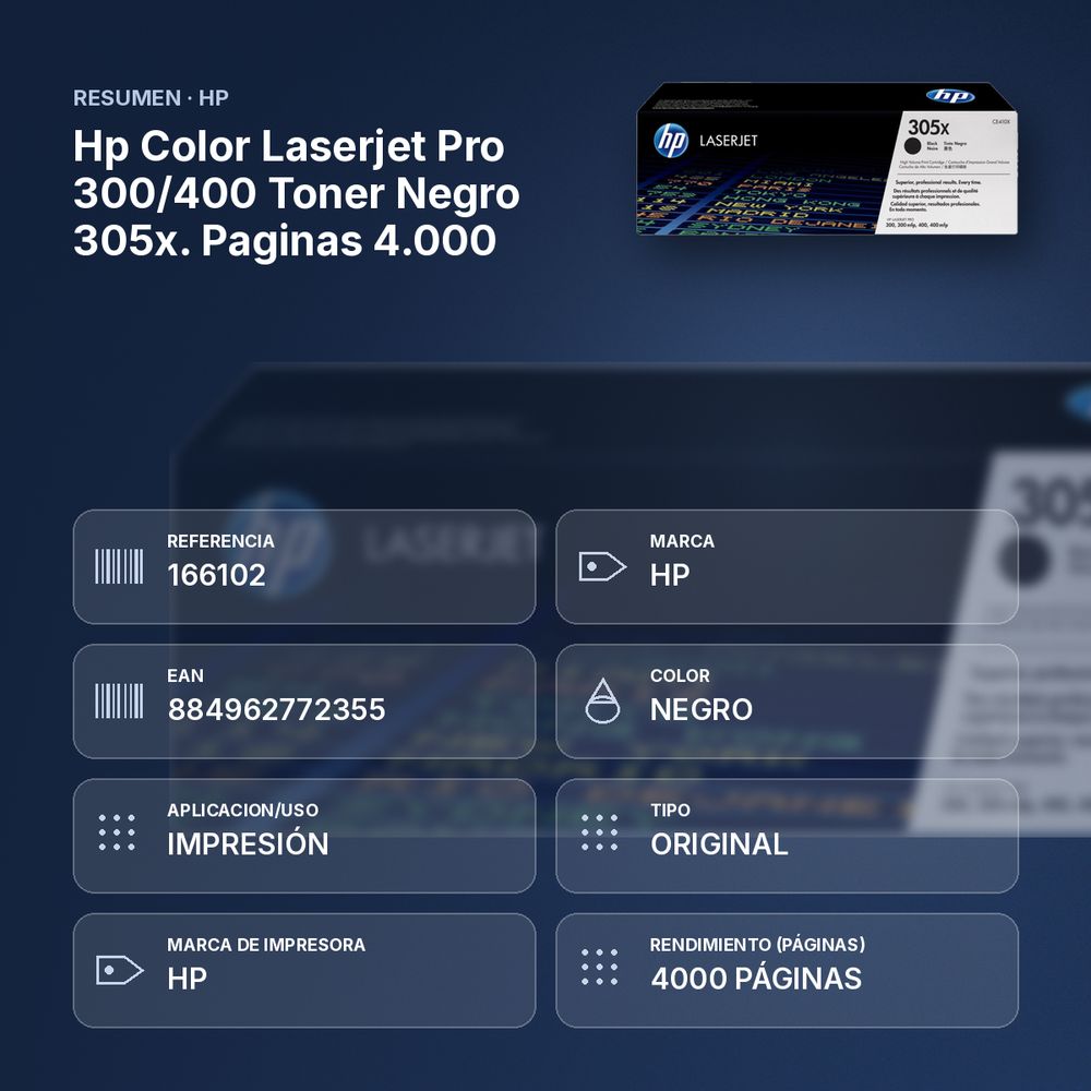 HP COLOR LASERJET PRO 300/400 TONER NEGRO 305X. PAGINAS 4.000 - resumen de atributos