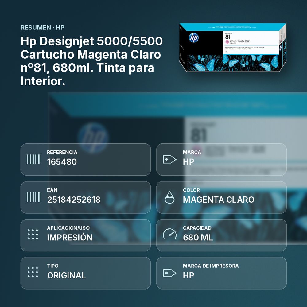 HP DESIGNJET 5000/5500  CARTUCHO MAGENTA CLARO Nº81, 680ML. TINTA PARA INTERIOR. - resumen de atributos