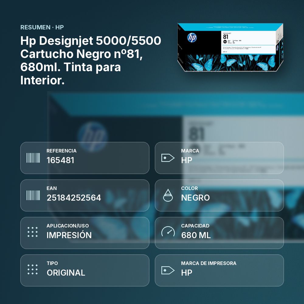 HP DESIGNJET 5000/5500  CARTUCHO NEGRO Nº81, 680ML. TINTA PARA INTERIOR. - resumen de atributos