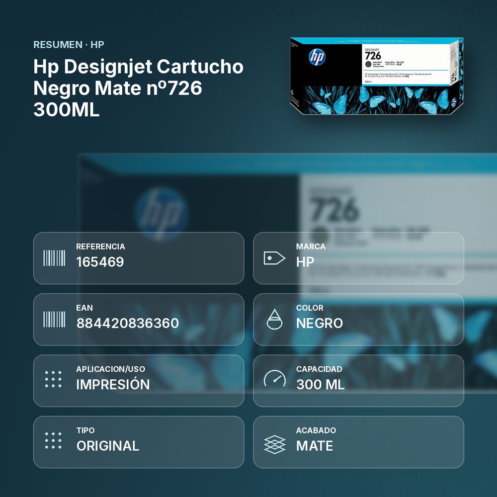 HP DESIGNJET CARTUCHO NEGRO MATE Nº726 300ML - resumen de atributos