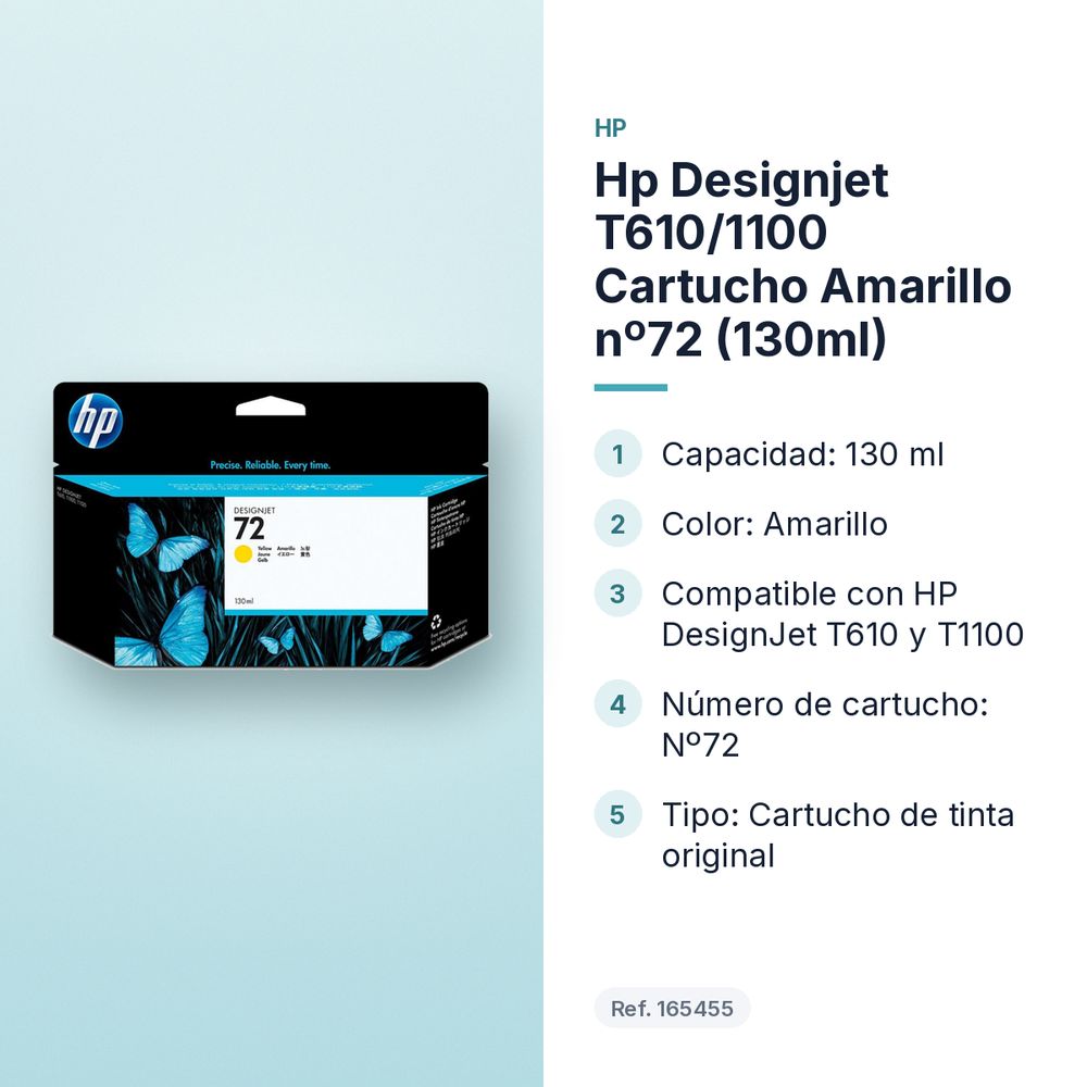 HP DESIGNJET T610/1100 CARTUCHO AMARILLO Nº72 (130ML) - características principales