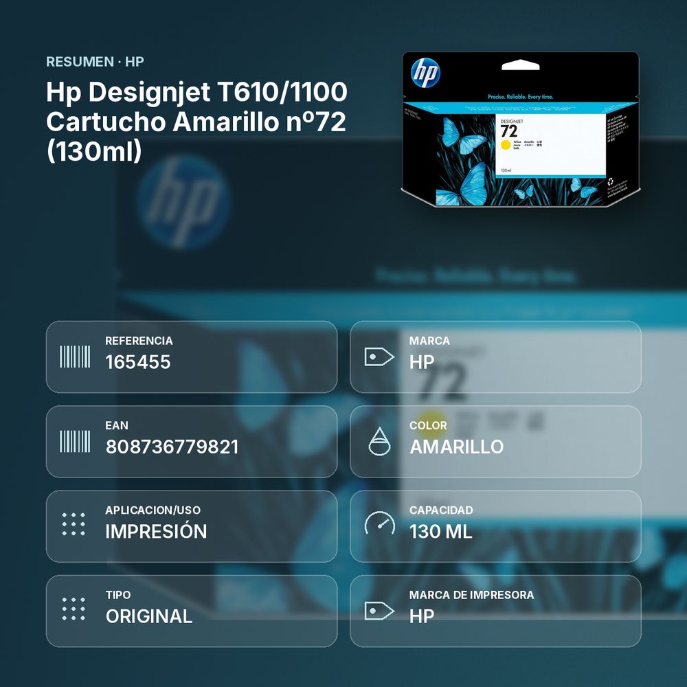 HP DESIGNJET T610/1100 CARTUCHO AMARILLO Nº72 (130ML) - resumen de atributos