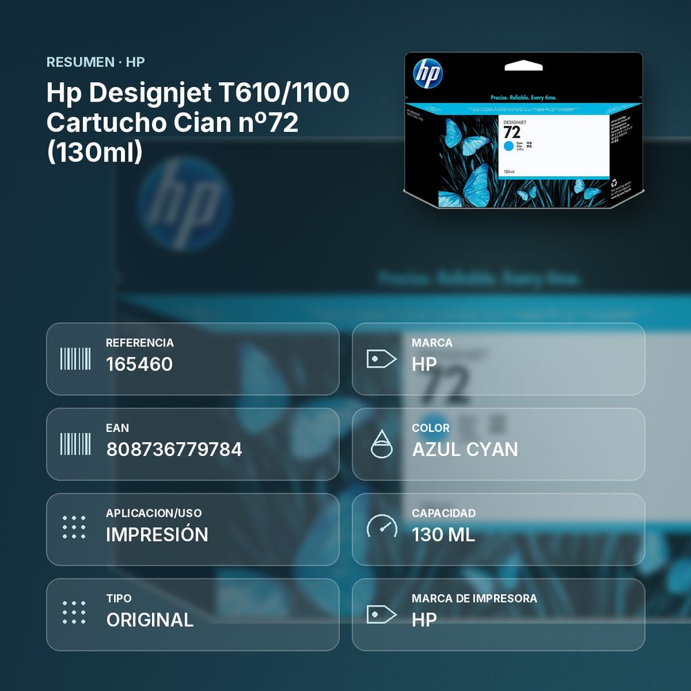 HP DESIGNJET T610/1100 CARTUCHO CIAN Nº72 (130ML) - resumen de atributos