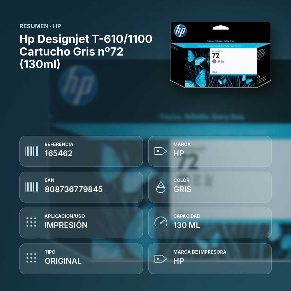 HP DESIGNJET T-610/1100 CARTUCHO GRIS Nº72 (130ML) - resumen de atributos