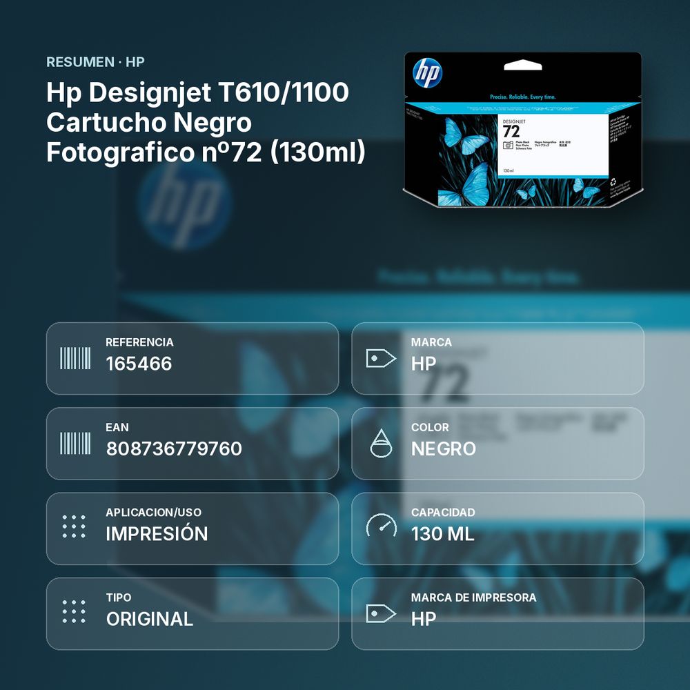 HP DESIGNJET T610/1100 CARTUCHO NEGRO FOTOGRAFICO Nº72 (130ML) - resumen de atributos