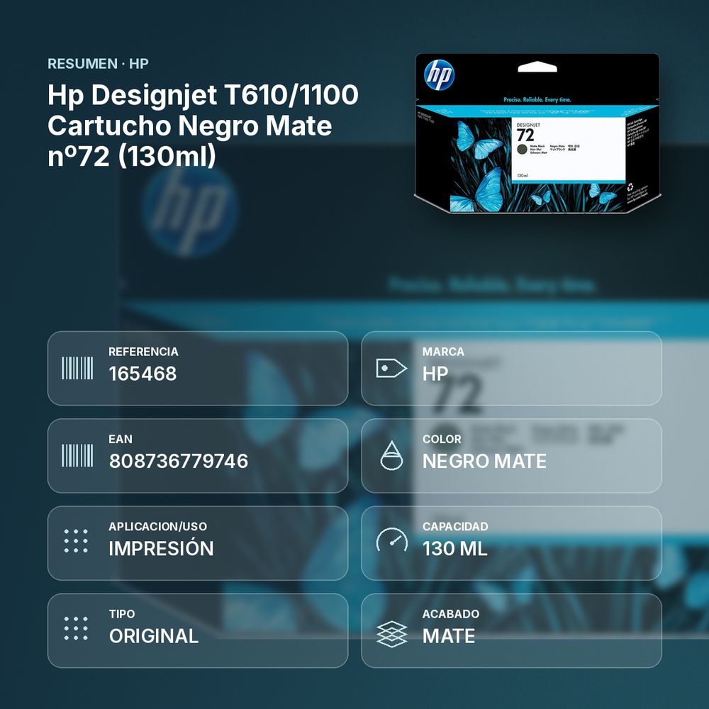 HP DESIGNJET T610/1100 CARTUCHO NEGRO MATE Nº72 (130ML) - resumen de atributos