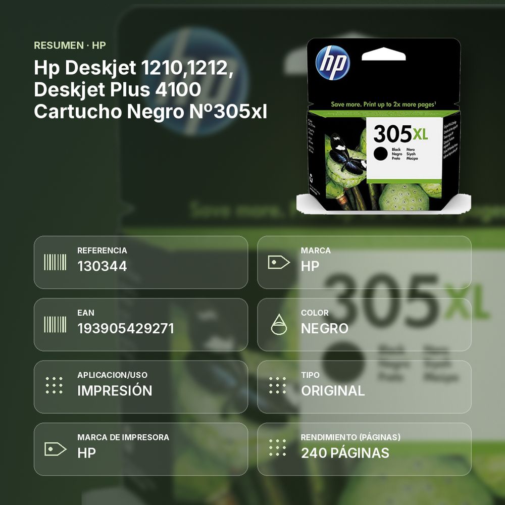 HP DESKJET 1210,1212, DESKJET PLUS 4100  CARTUCHO NEGRO Nº305XL - resumen de atributos