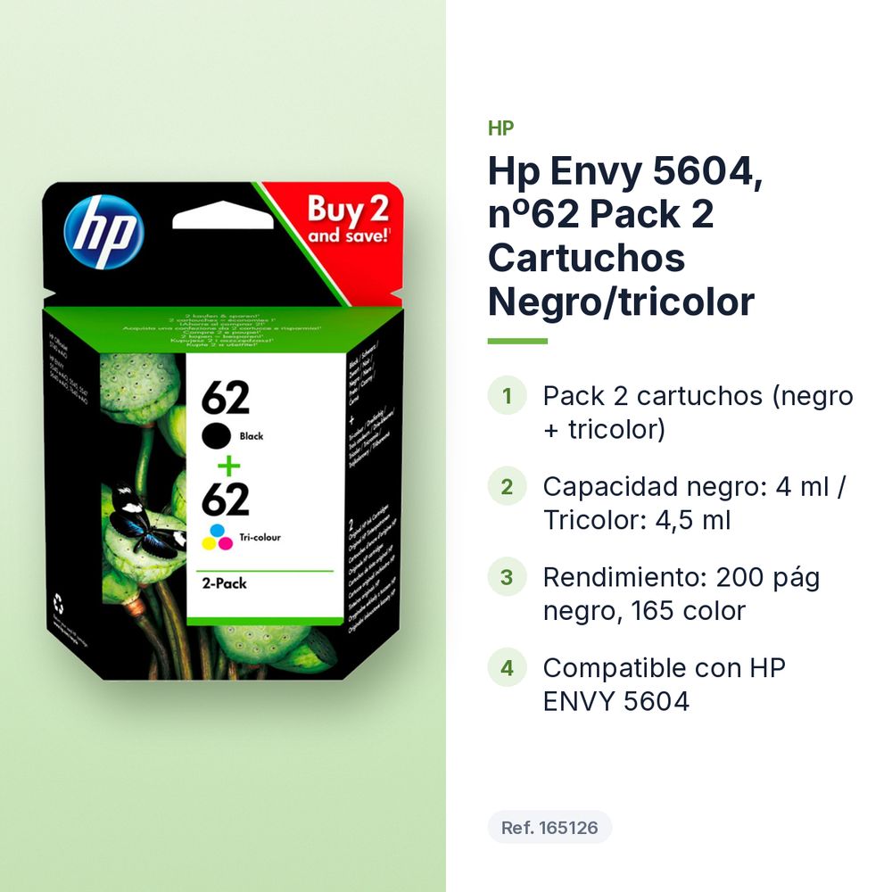 HP ENVY 5604, Nº62 PACK 2 CARTUCHOS NEGRO/TRICOLOR - características principales