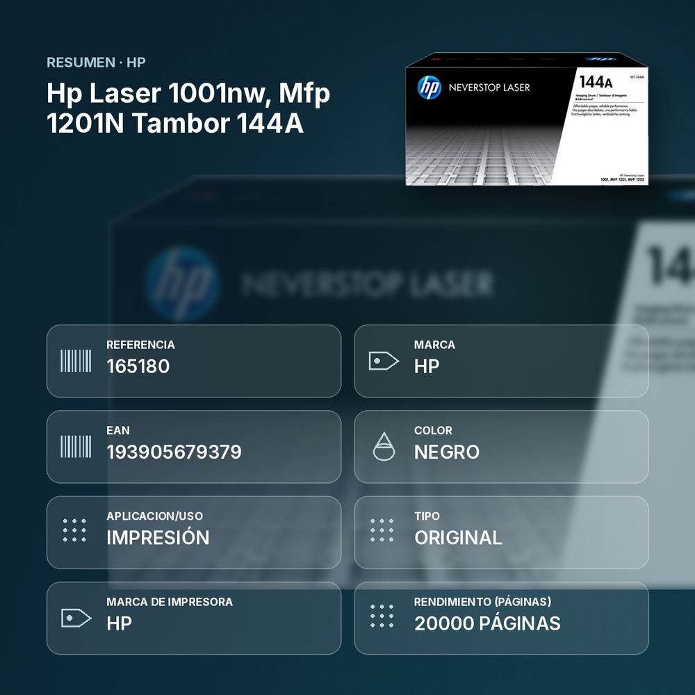 HP LASER 1001NW, MFP 1201N TAMBOR 144A - resumen de atributos