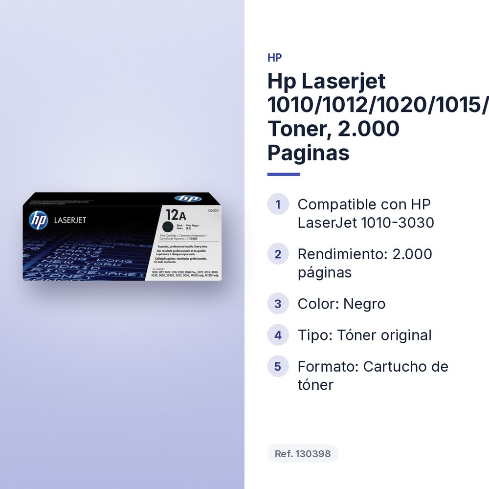 HP LASERJET 1010/1012/1020/1015/3015/3020/3030 TONER, 2.000 PAGINAS - características principales