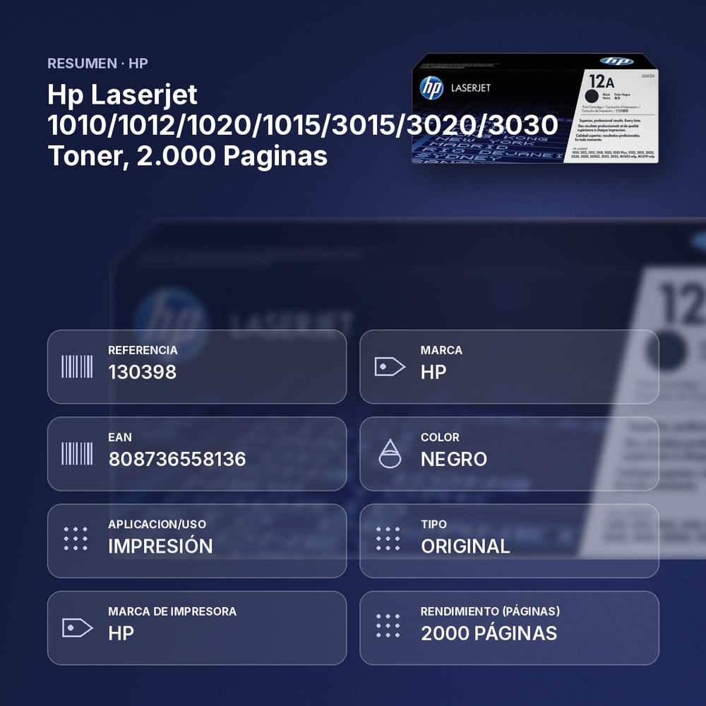 HP LASERJET 1010/1012/1020/1015/3015/3020/3030 TONER, 2.000 PAGINAS - resumen de atributos