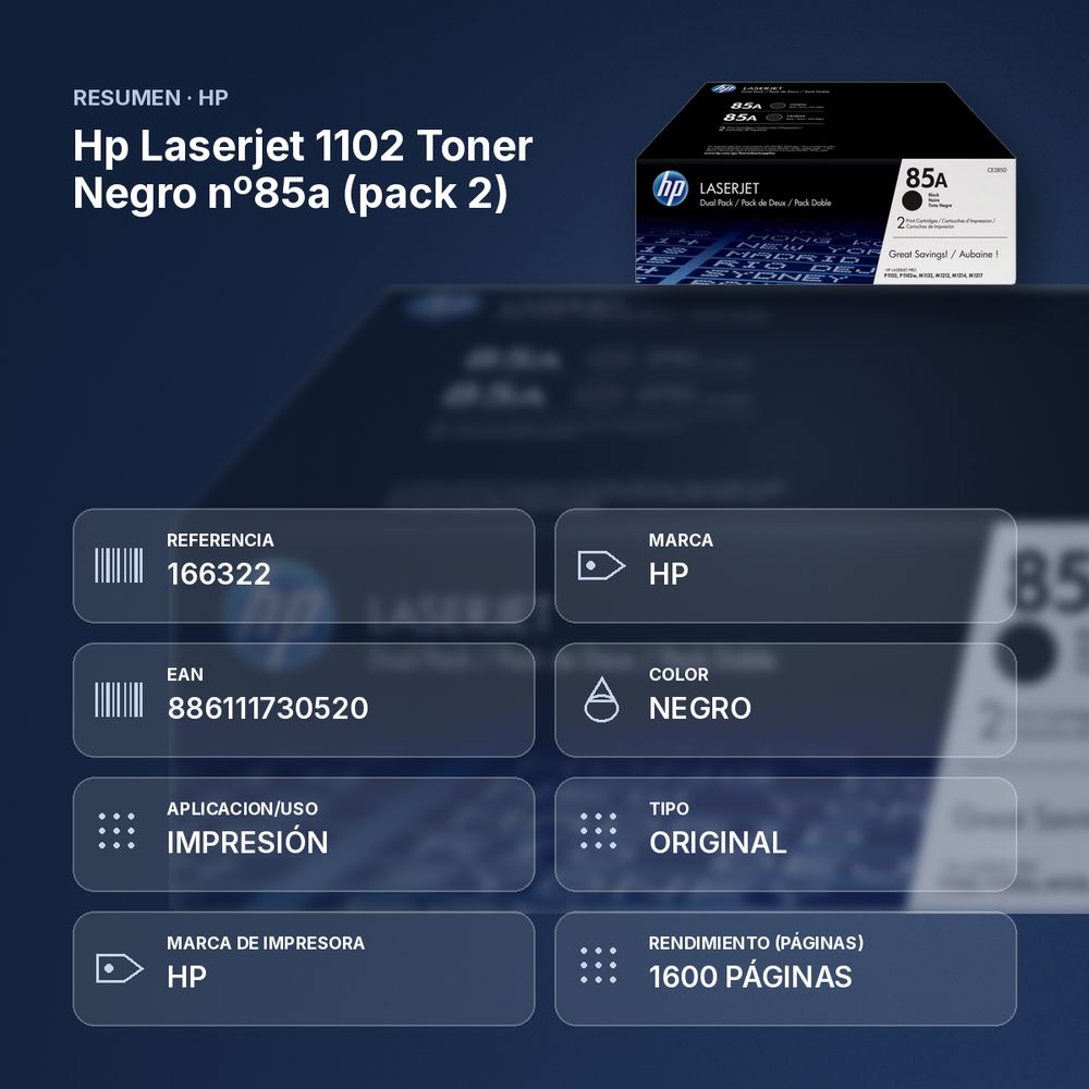 HP LASERJET 1102 TONER NEGRO Nº85A (PACK 2) - resumen de atributos