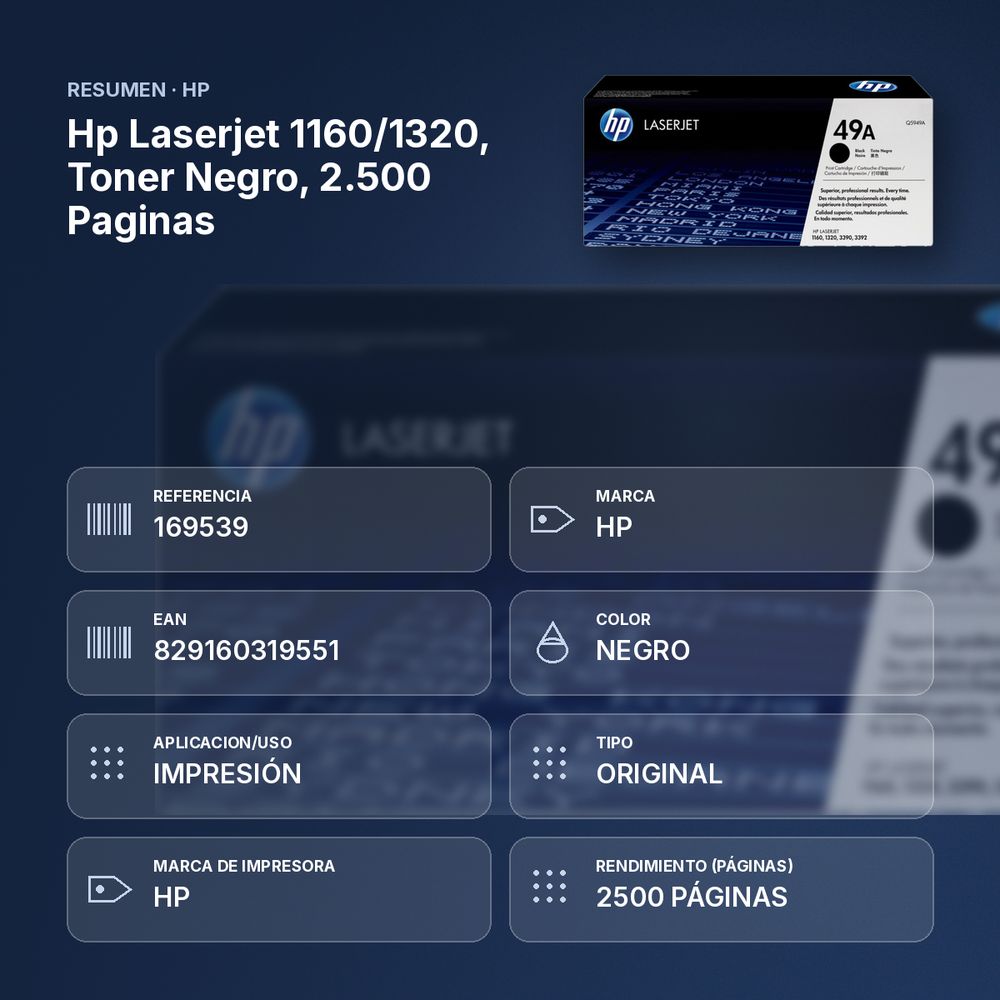 HP LASERJET 1160/1320, TONER NEGRO, 2.500 PAGINAS - resumen de atributos