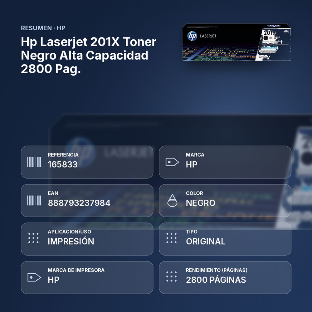 HP LASERJET 201X TONER NEGRO ALTA CAPACIDAD 2800 PAG. - resumen de atributos