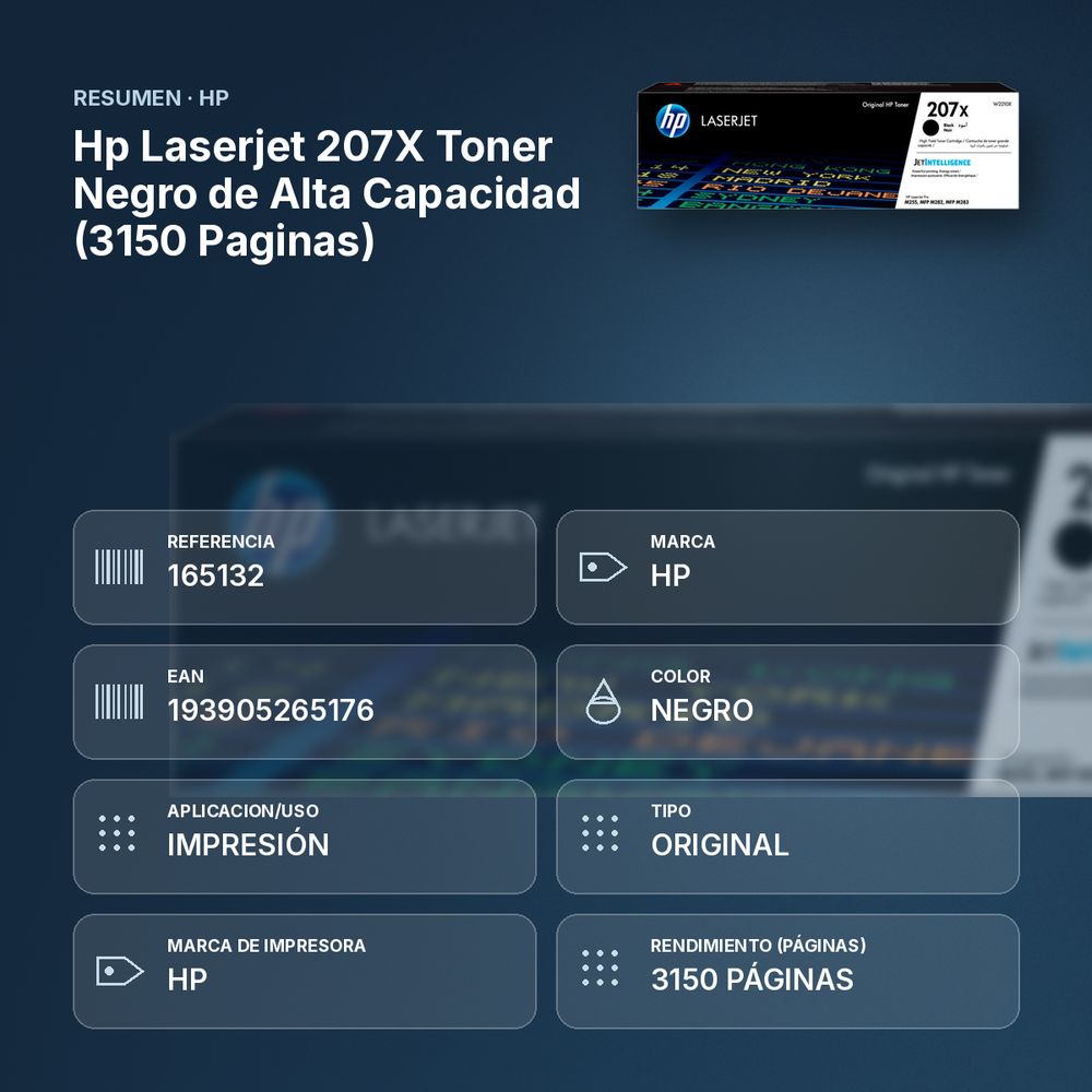 HP LASERJET 207X TONER NEGRO DE ALTA CAPACIDAD (3150 PAGINAS) - resumen de atributos