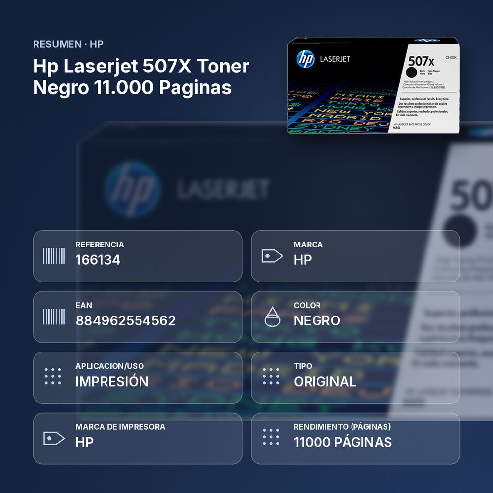 HP LASERJET 507X TONER NEGRO 11.000 PAGINAS - resumen de atributos