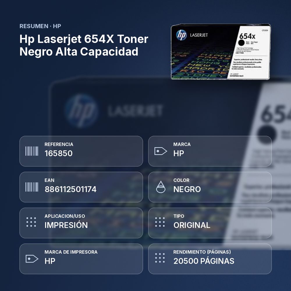 HP LASERJET 654X TONER NEGRO ALTA CAPACIDAD - resumen de atributos