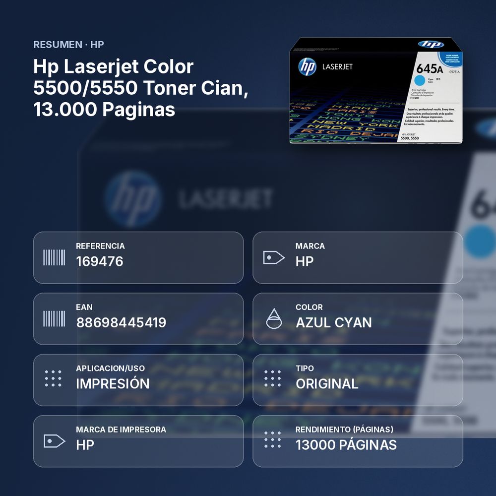 HP LASERJET COLOR 5500/5550 TONER CIAN, 13.000 PAGINAS - resumen de atributos