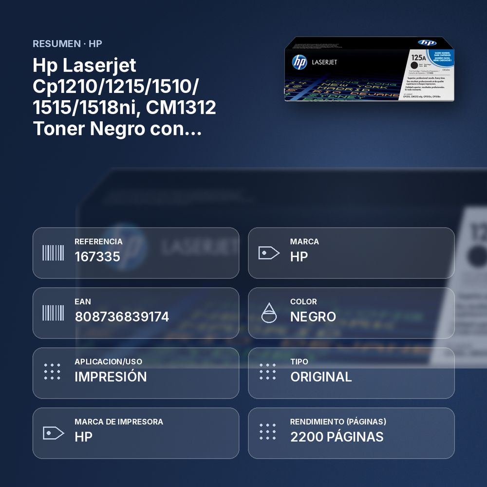 HP LASERJET CP1210/1215/1510/ 1515/1518NI, CM1312 TONER NEGRO CON COLORSPHERE Nº125A - resumen de atributos