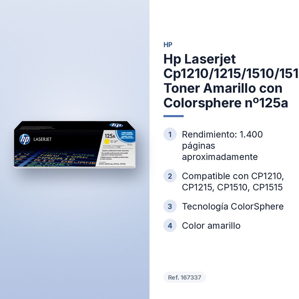 HP LASERJET CP1210/1215/1510/1515/1518NI,CM1312 TONER AMARILLO CON COLORSPHERE Nº125A - características principales