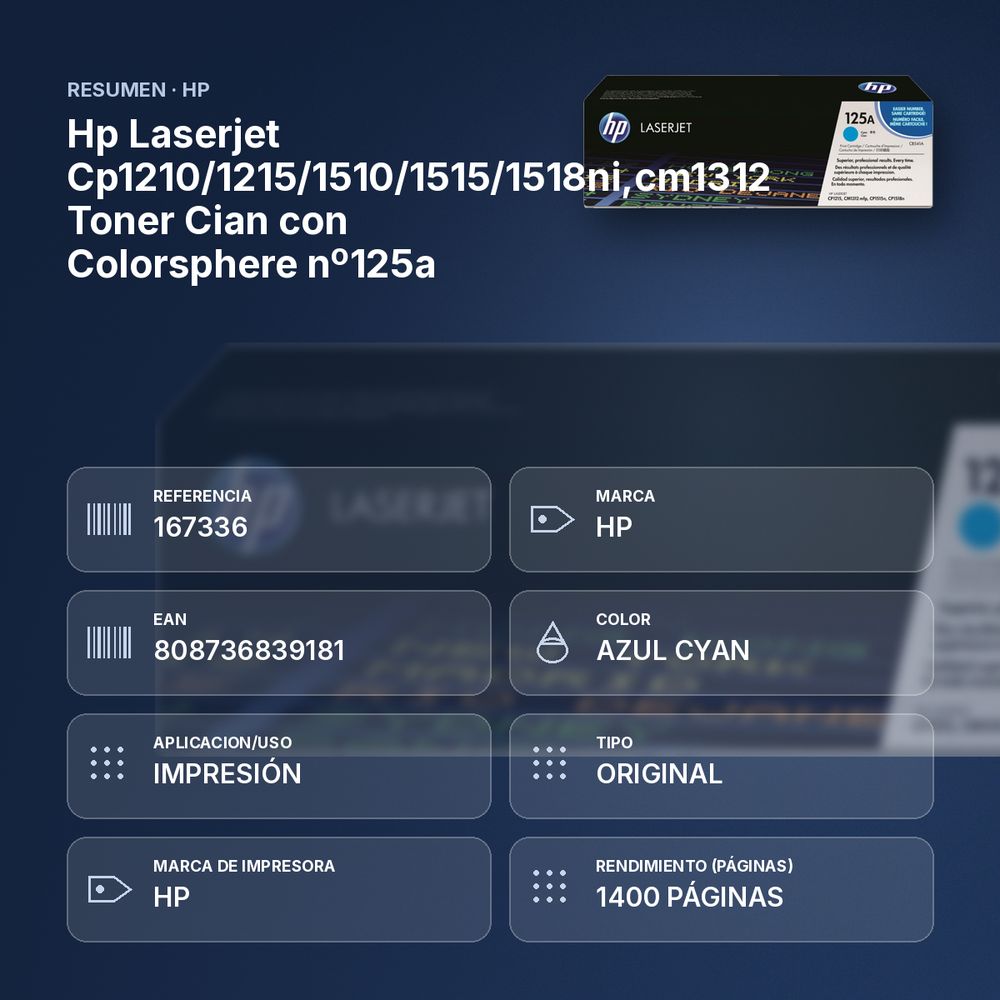 HP LASERJET CP1210/1215/1510/1515/1518NI,CM1312 TONER CIAN CON COLORSPHERE Nº125A - resumen de atributos