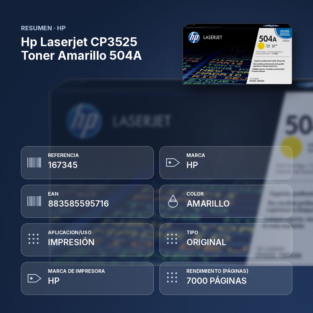 HP LASERJET CP3525 TONER AMARILLO 504A - resumen de atributos