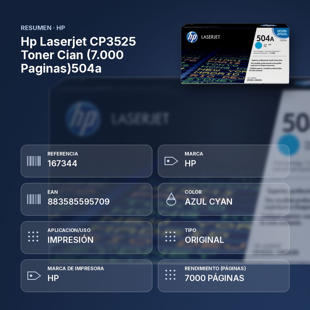 HP LASERJET CP3525 TONER CIAN (7.000 PAGINAS)504A - resumen de atributos