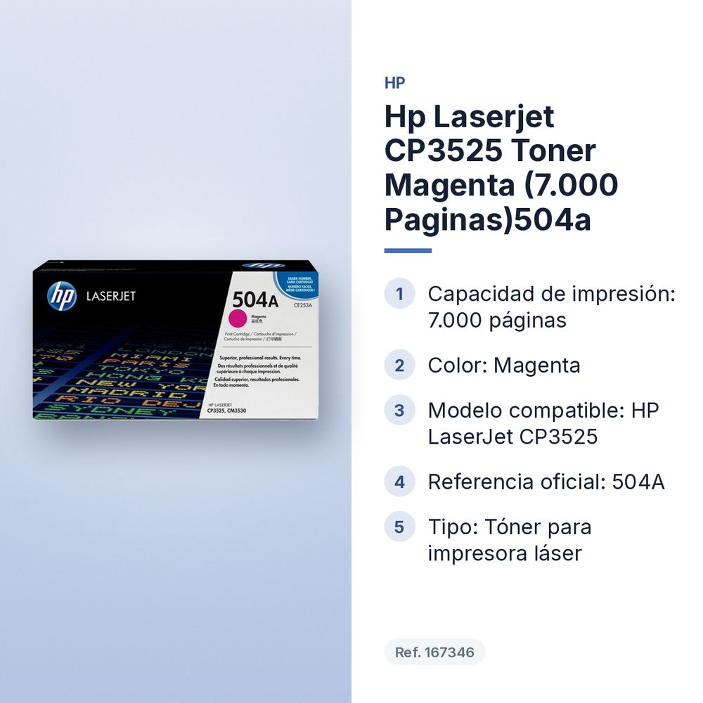 HP LASERJET CP3525 TONER MAGENTA (7.000 PAGINAS)504A - características principales
