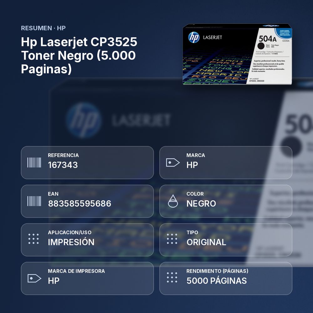 HP LASERJET CP3525 TONER NEGRO (5.000 PAGINAS) - resumen de atributos
