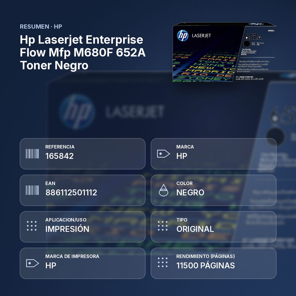 HP LASERJET ENTERPRISE FLOW MFP M680F 652A TONER NEGRO - resumen de atributos