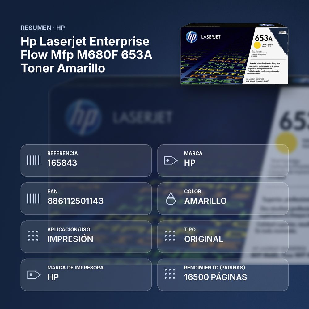 HP LASERJET ENTERPRISE FLOW MFP M680F 653A TONER AMARILLO - resumen de atributos