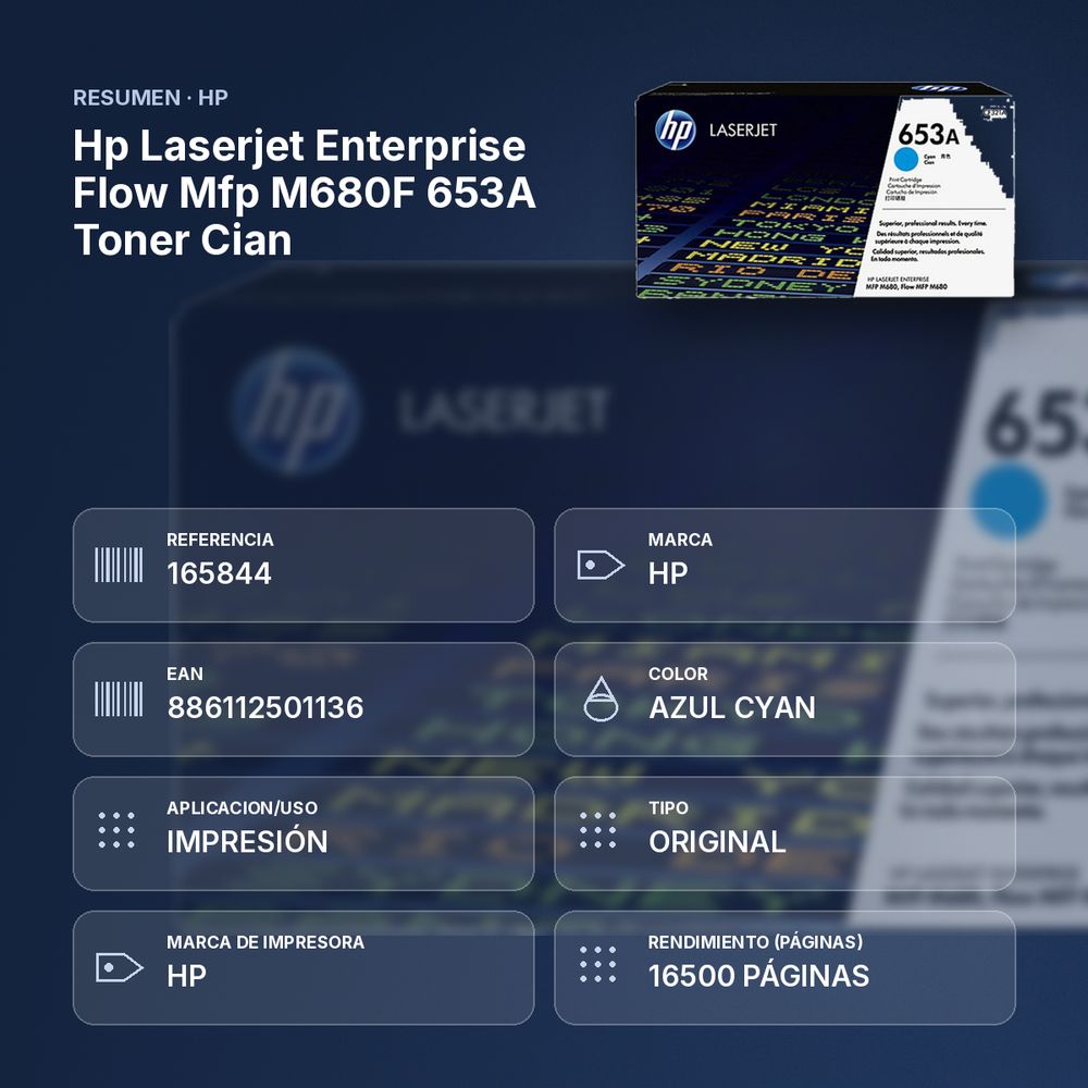 HP LASERJET ENTERPRISE FLOW MFP M680F 653A TONER CIAN - resumen de atributos