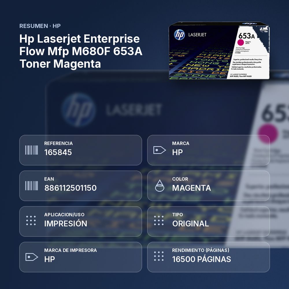 HP LASERJET ENTERPRISE FLOW MFP M680F 653A TONER MAGENTA - resumen de atributos